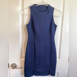 Blue Textured Sheath Mini Dress Fitted Sleeveless Career Preppy Chic Soprano